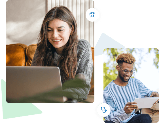 Pessoas estudando em computadores e tablets